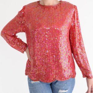 Lord  &Taylor Red Sequin Long Sleeve 100% Silk Shirt with Shoulder Pads Small